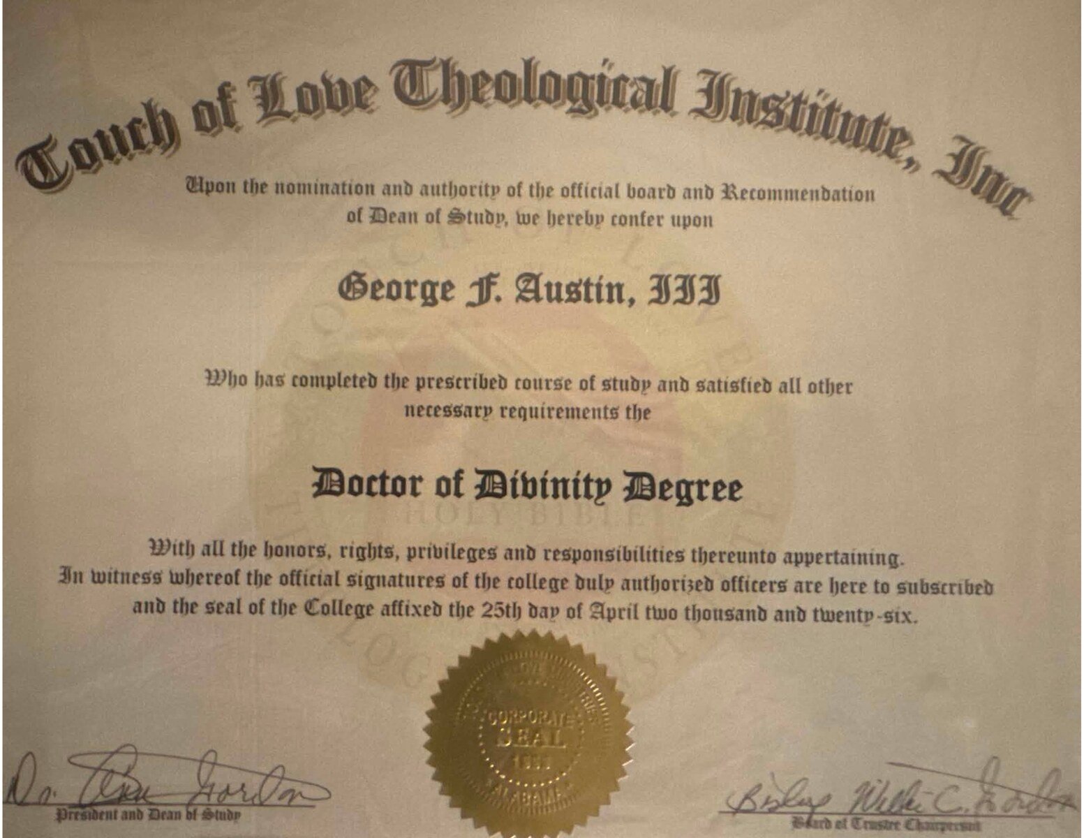 Doctor of Divinity diploma awarded to George F. Austin III