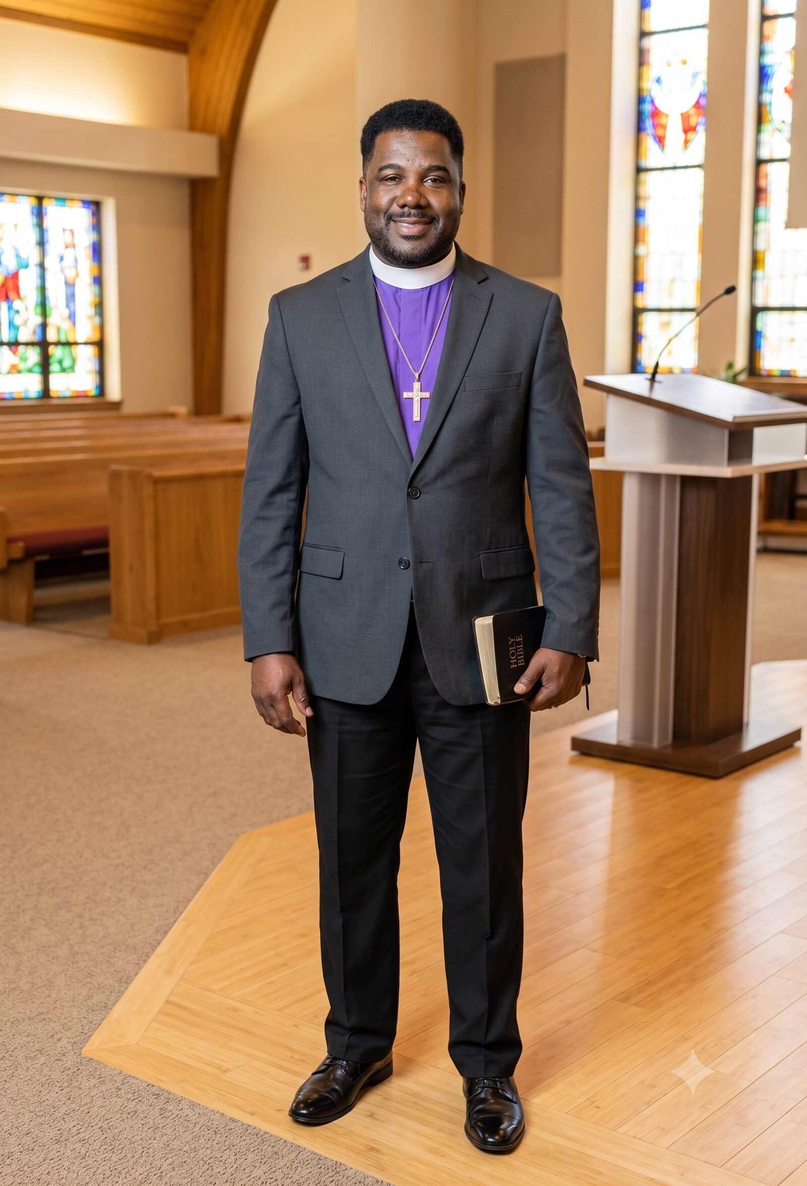 Suffragan Bishop G. F. Austin III standing in the sanctuary, holding his Bible, wearing clergy vestments